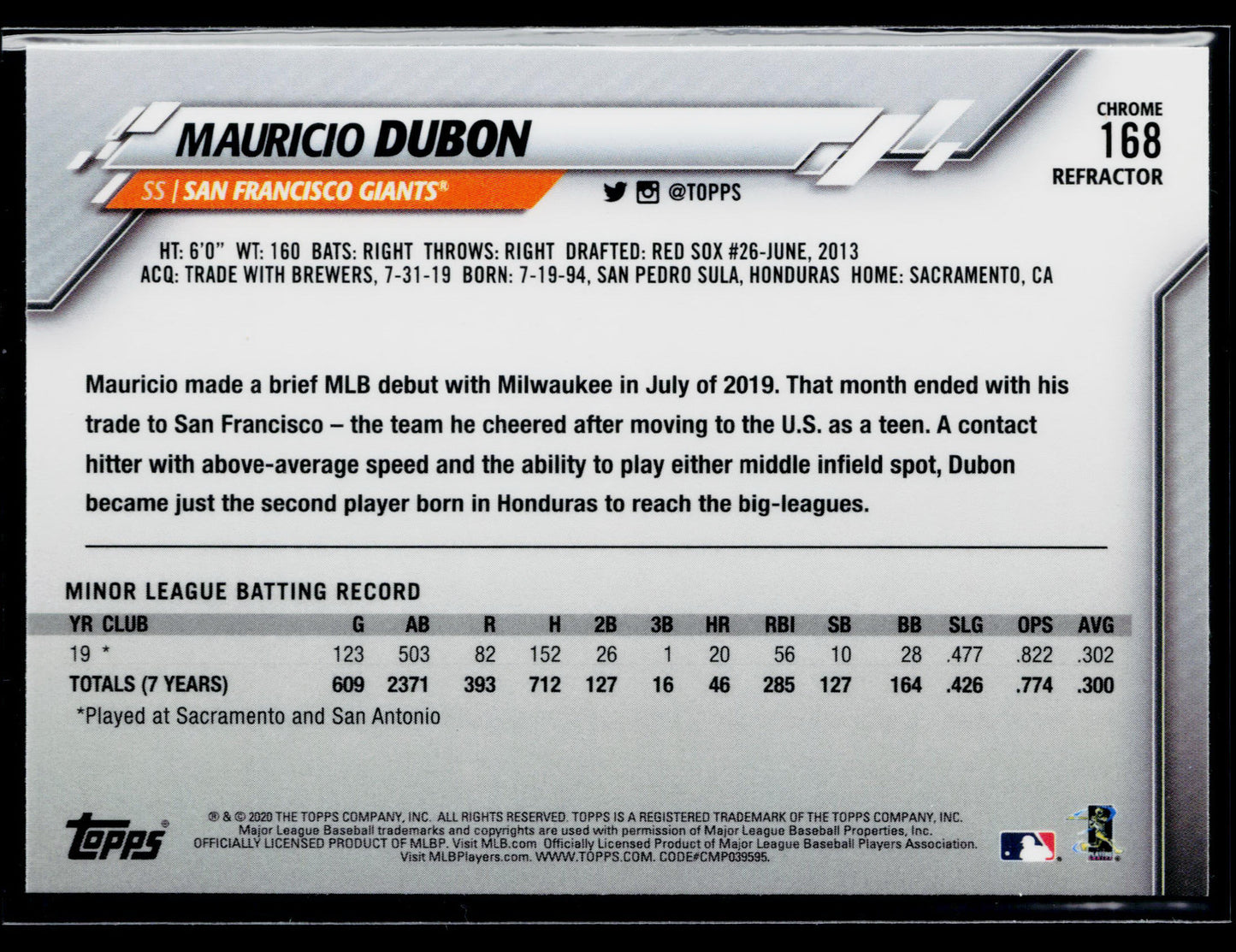 2020 Topps Chrome Mauricio Dubon Rookie X-Fractor Refractor #168
