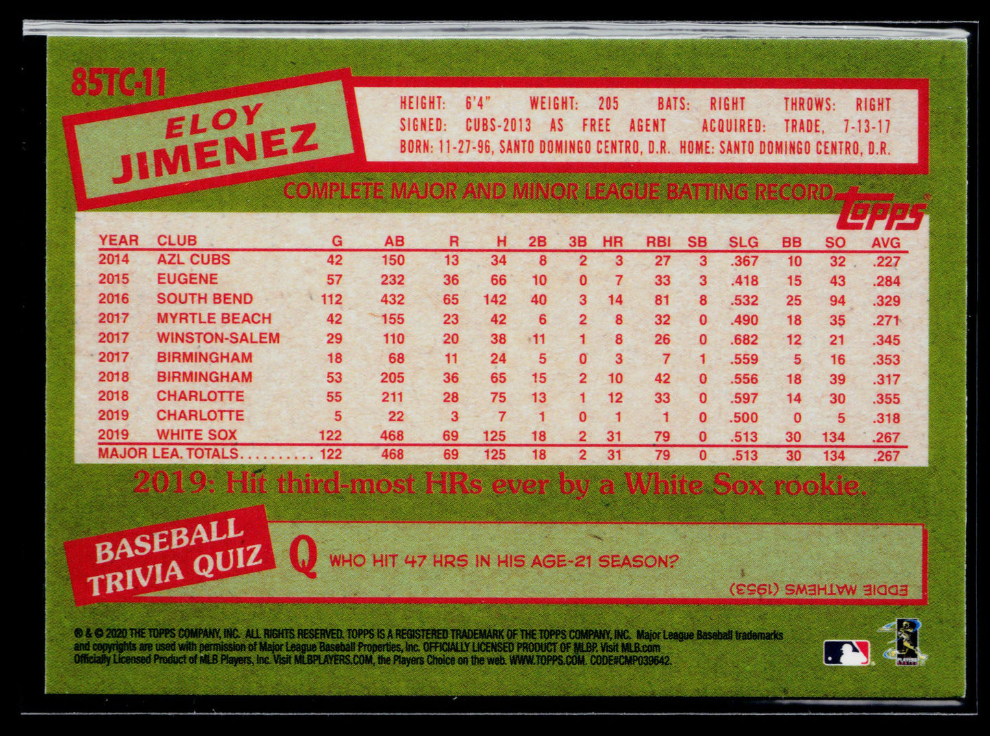 2020 Topps Chrome Eloy Jimenez 1985 Topps Baseball #85TC-11
