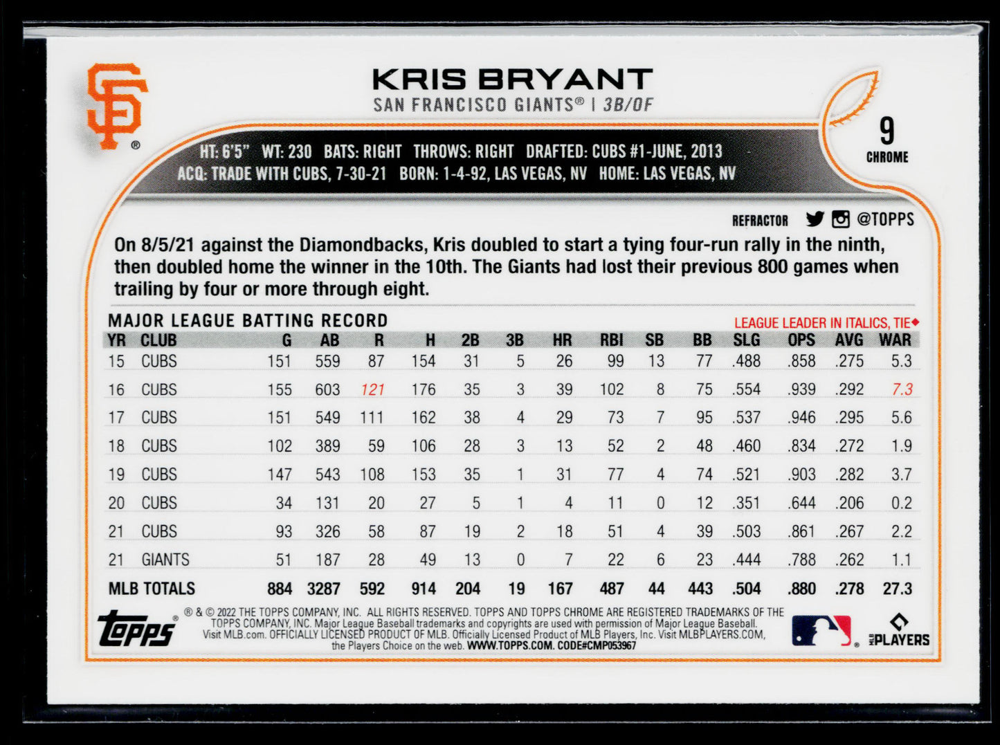 2022 Topps Chrome Kris Bryant Refractor #9