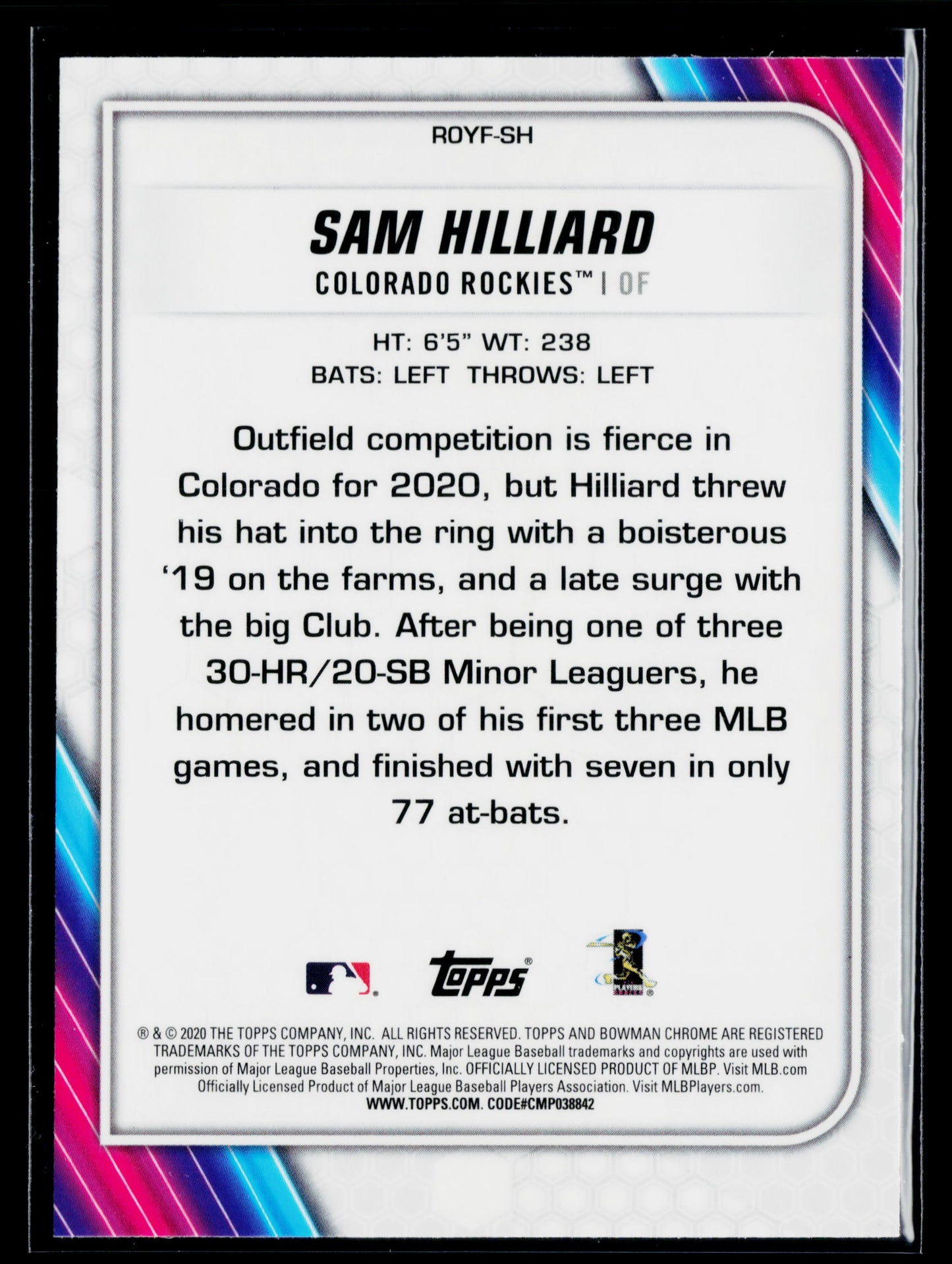 2020 Bowman Sam Hilliard Chrome Rookie of the Year Favorites Mojo #ROYF-SH