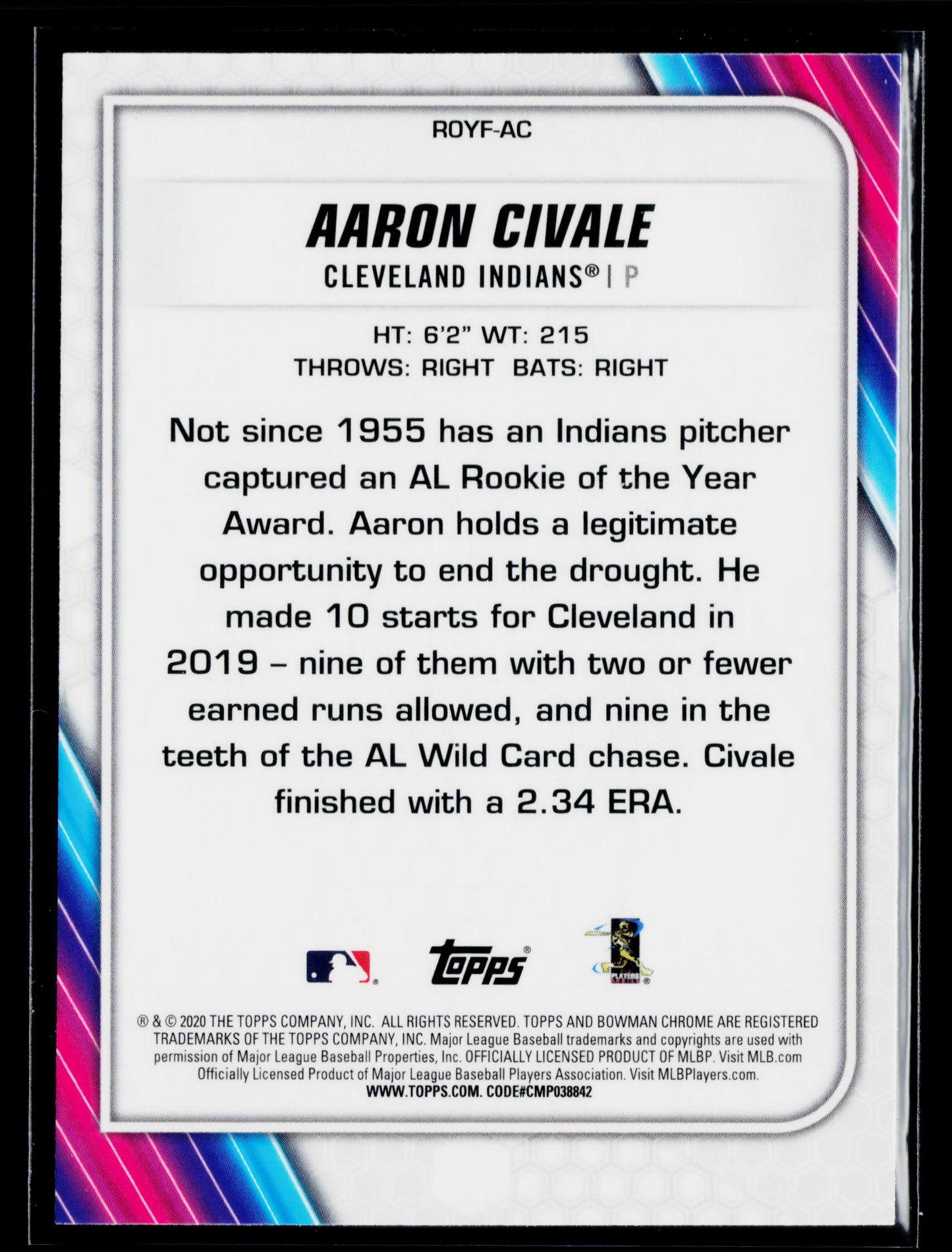 2020 Bowman Aaron Civale Chrome Rookie of the Year Favorites Mojo #ROYF-AC