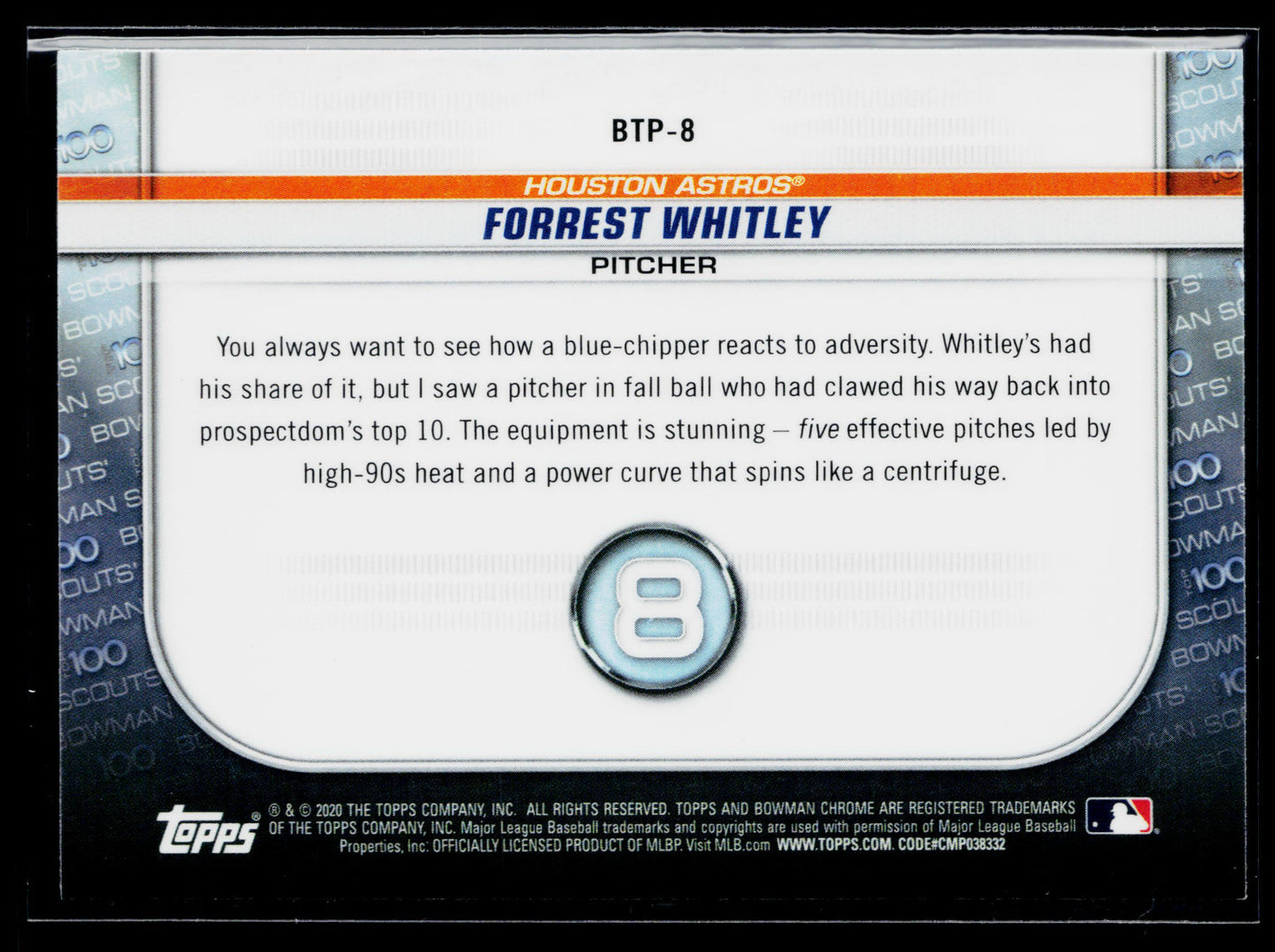 2020 Bowman Forrest Whitley Chrome Bowman Scouts Top 100 #BTP-8