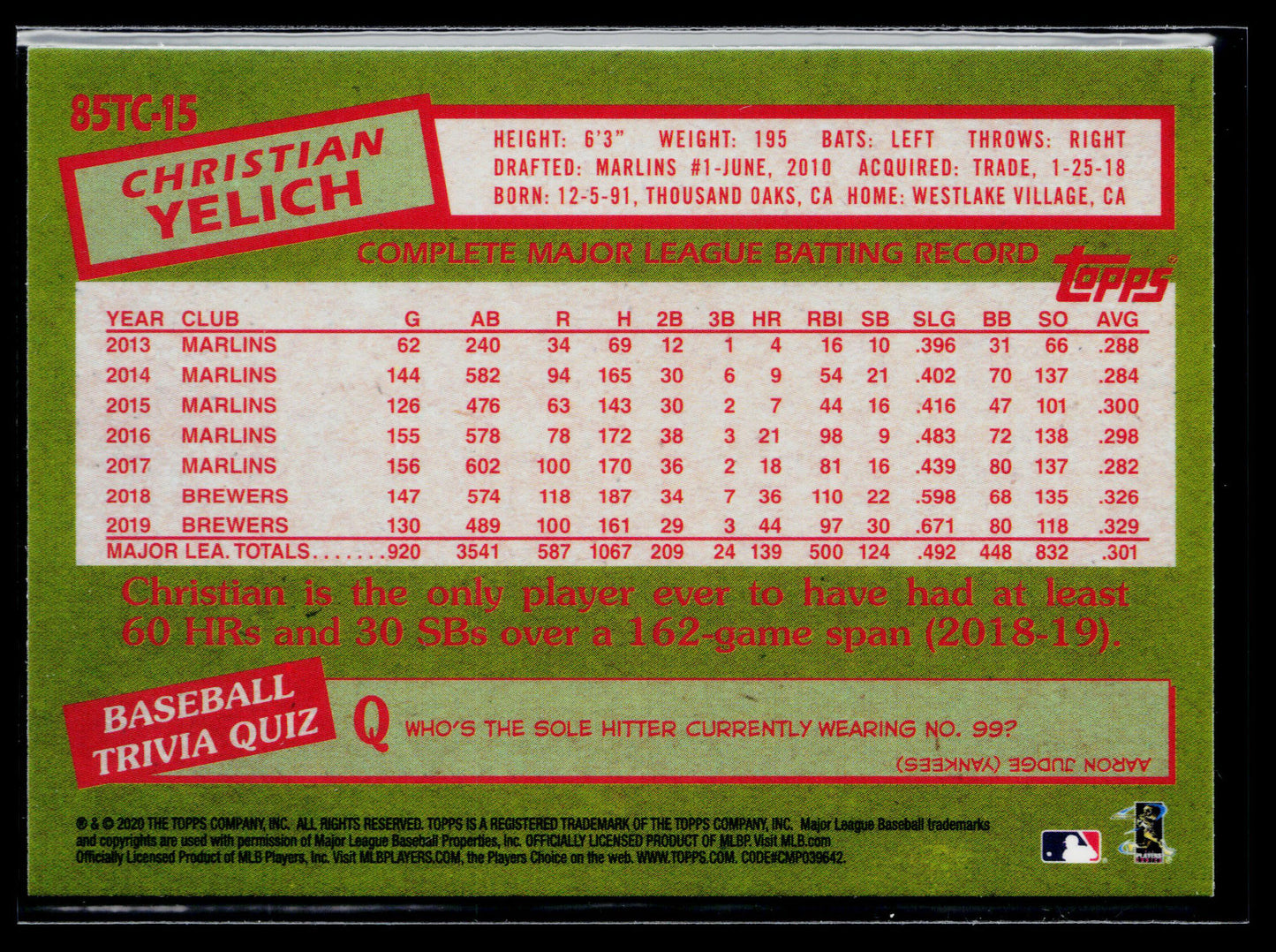 2020 Topps Chrome Christian Yelich 1985 Topps Baseball #85TC-15