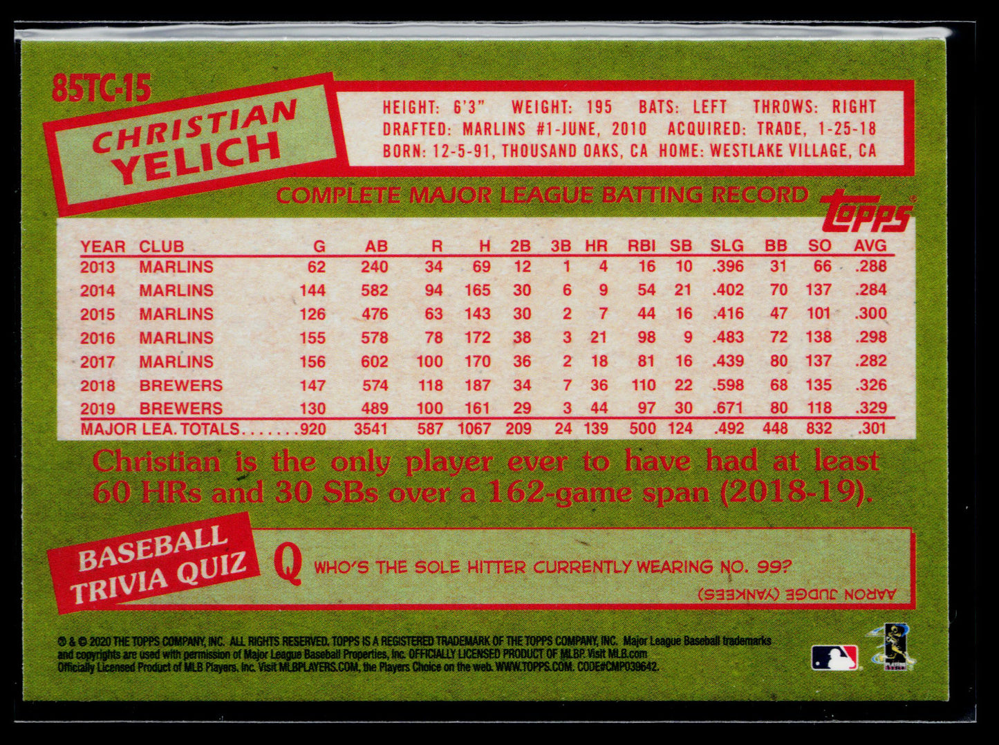 2020 Topps Chrome Christian Yelich 1985 Topps Baseball #85TC-15