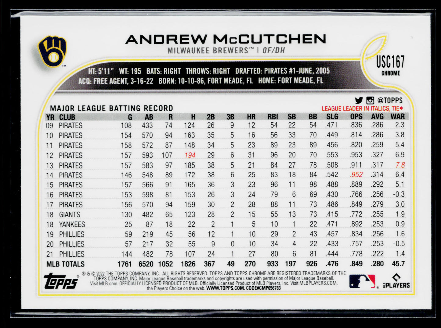 2022 Topps Chrome Update Andrew McCutchen Purple #USC167