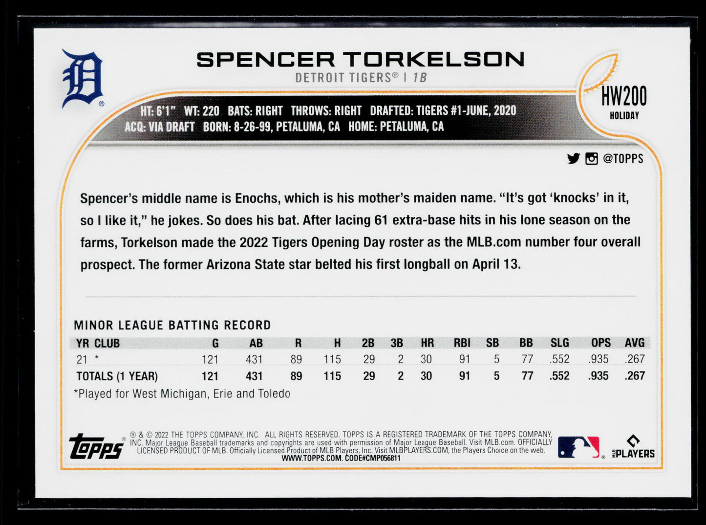 2022 Topps Holiday Spencer Torkelson Rookie #HW200