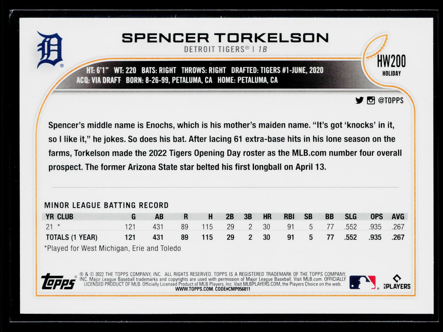 2022 Topps Holiday Spencer Torkelson Rookie #HW200