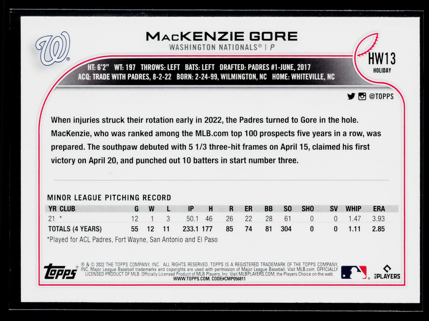 2022 Topps Holiday MacKenzie Gore Rookie Metallic #HW13