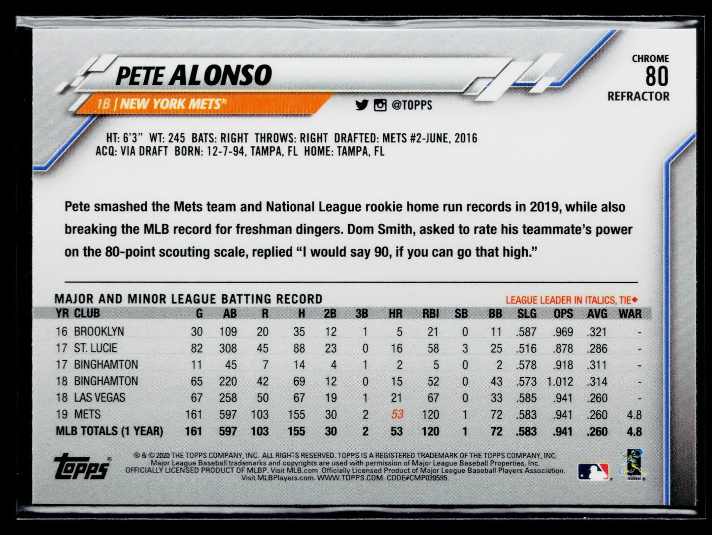 2020 Topps Chrome Pete Alonso Pink Refractor #80
