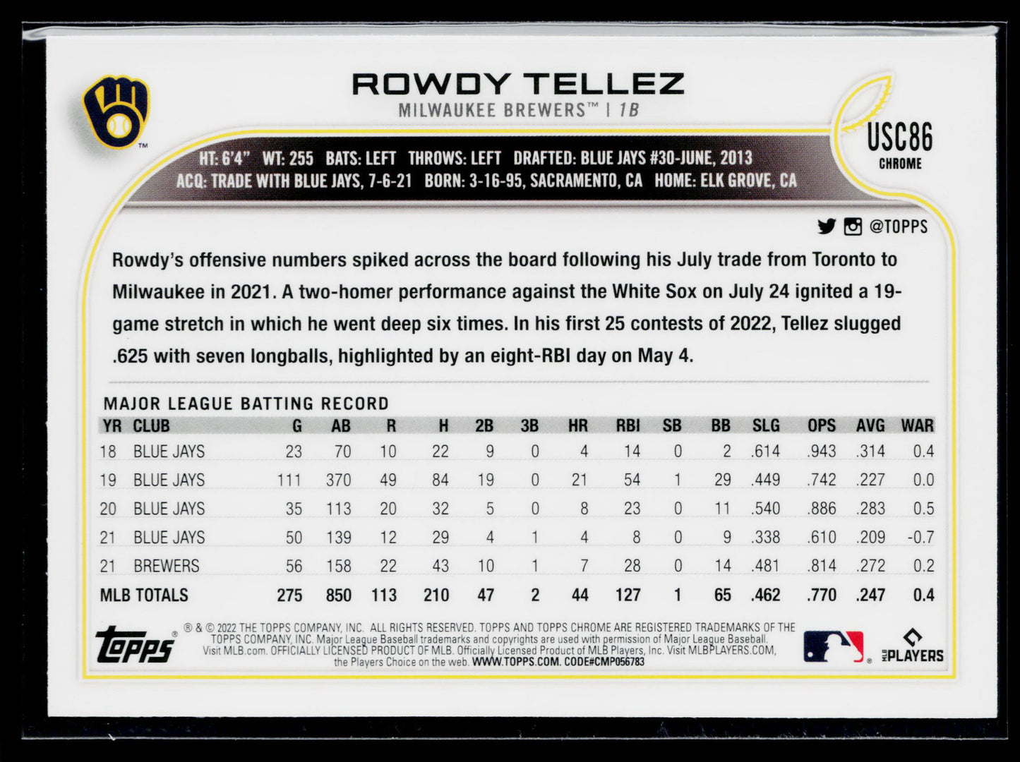 2022 Topps Chrome Update Rowdy Tellez Purple #USC86