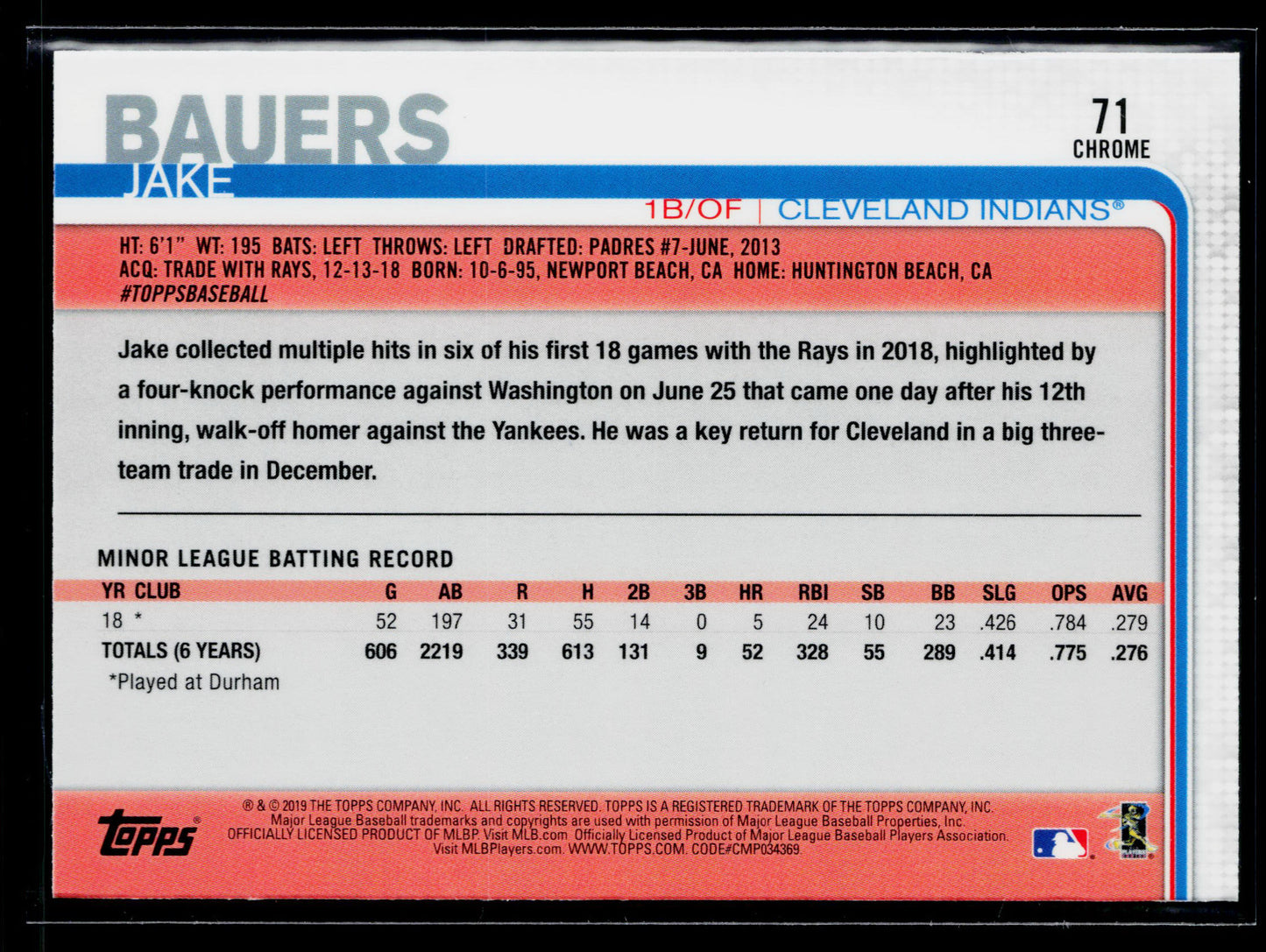 2019 Topps Chrome Jake Bauers Rookie Prism Refractor #71