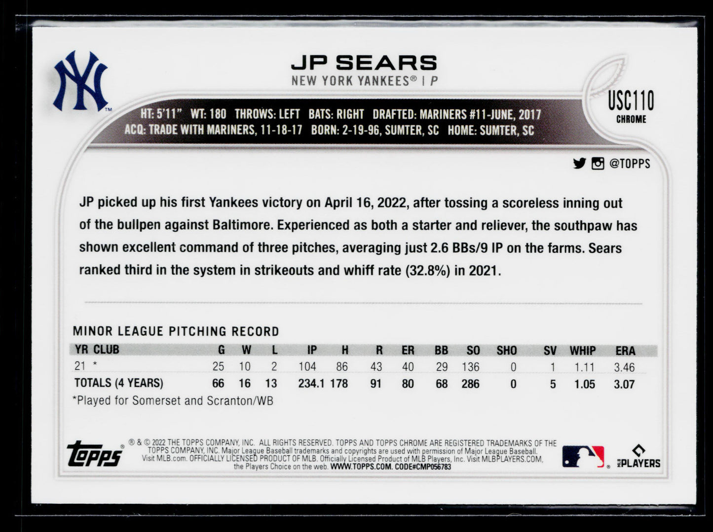 2022 Topps Chrome Update JP Sears Purple #USC110