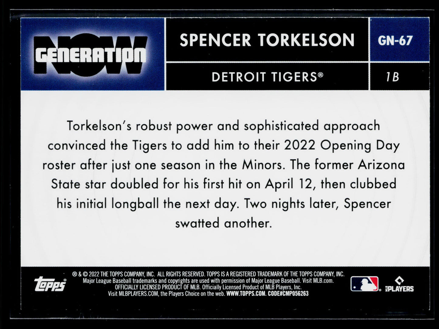 2022 Topps Update Spencer Torkelson Generation Now #GN-67