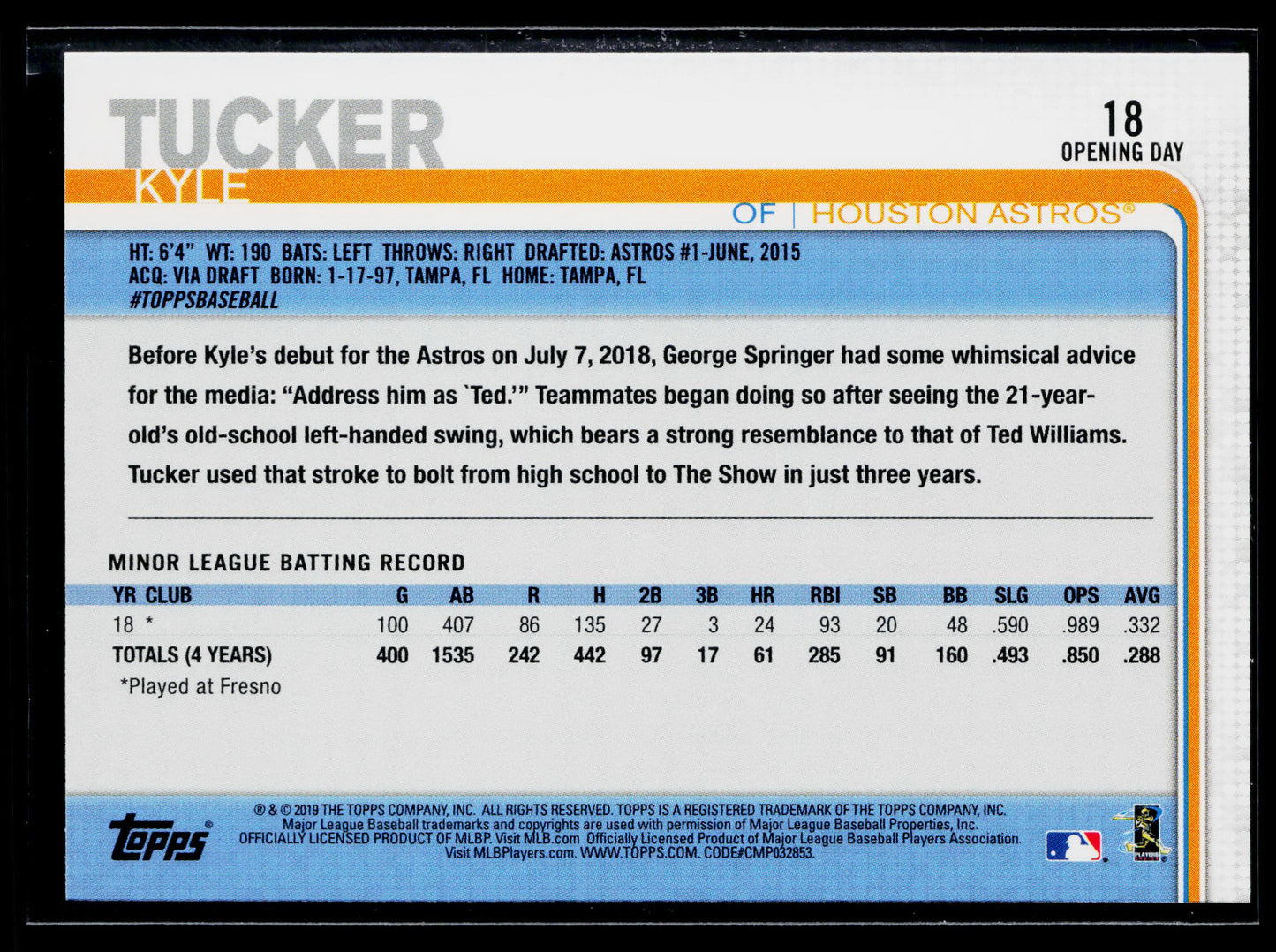 2019 Topps Opening Day Kyle Tucker Rookie #18