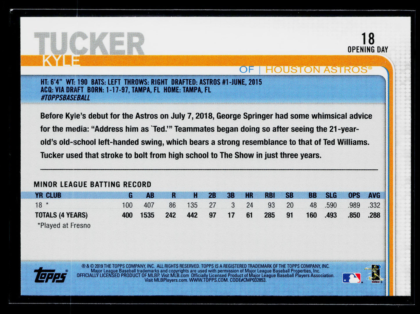 2019 Topps Opening Day Kyle Tucker Rookie #18