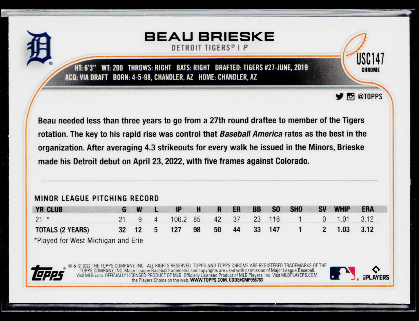 2022 Topps Chrome Update Beau Brieske Purple #USC147
