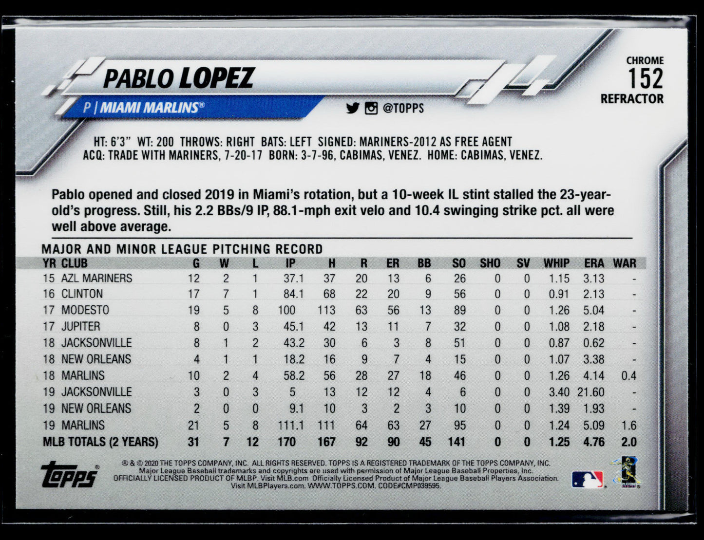 2020 Topps Chrome Pablo Lopez Refractor #152