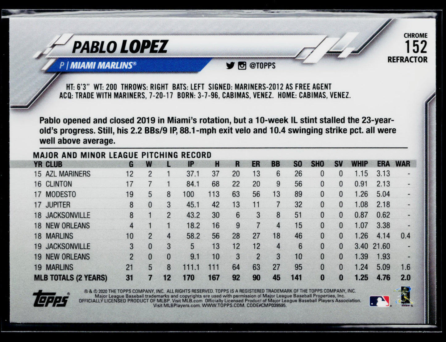 2020 Topps Chrome Pablo Lopez Refractor #152