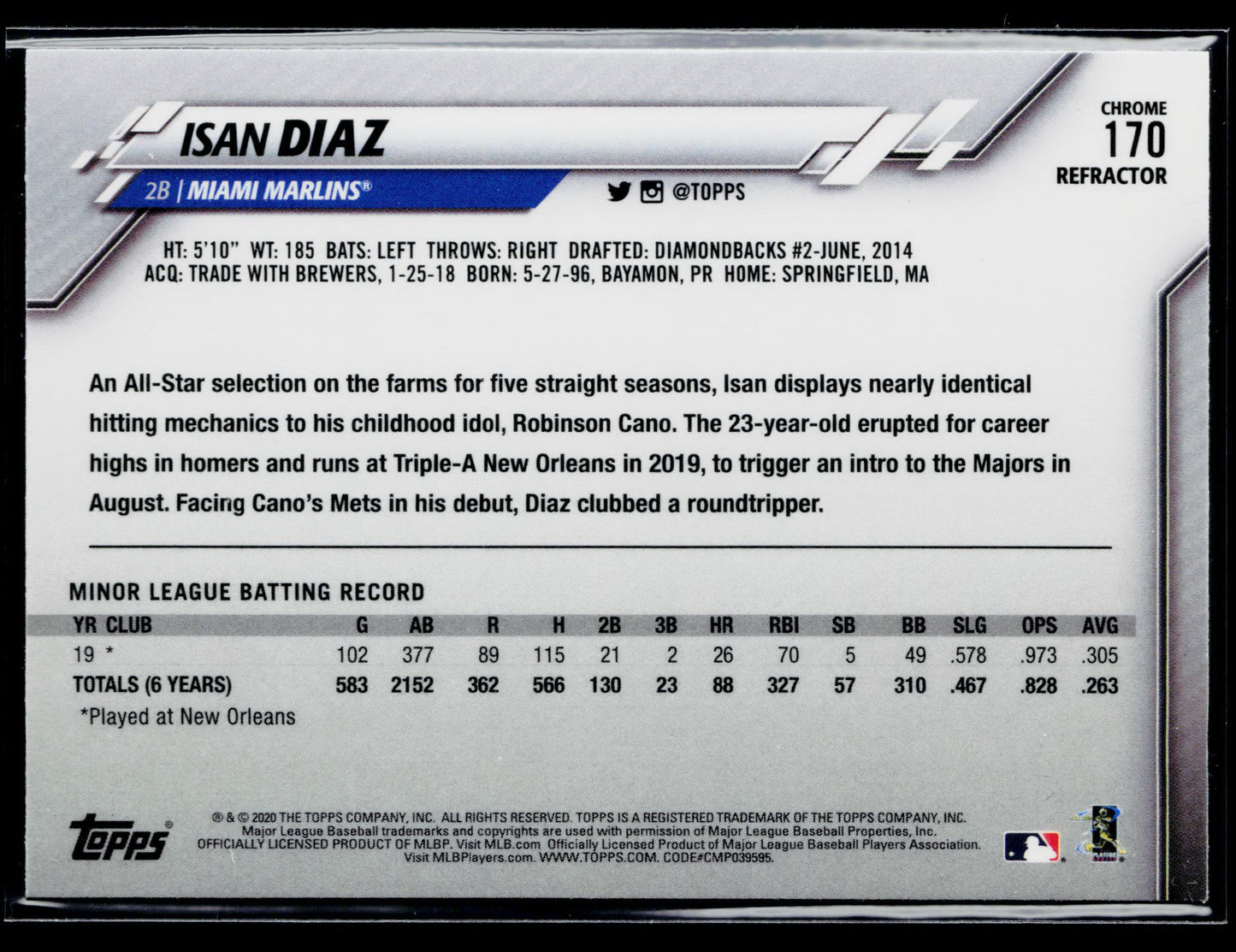 2020 Topps Chrome Isan Diaz Rookie Sepia Refractor #170