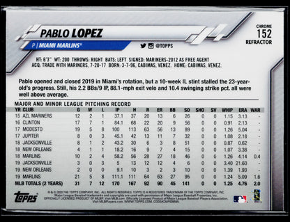 2020 Topps Chrome Pablo Lopez Pink Refractor #152