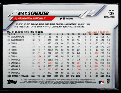 2020 Topps Chrome Max Scherzer Refractor #139