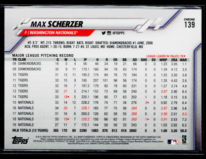 2020 Topps Chrome Max Scherzer Prism Refractor #139