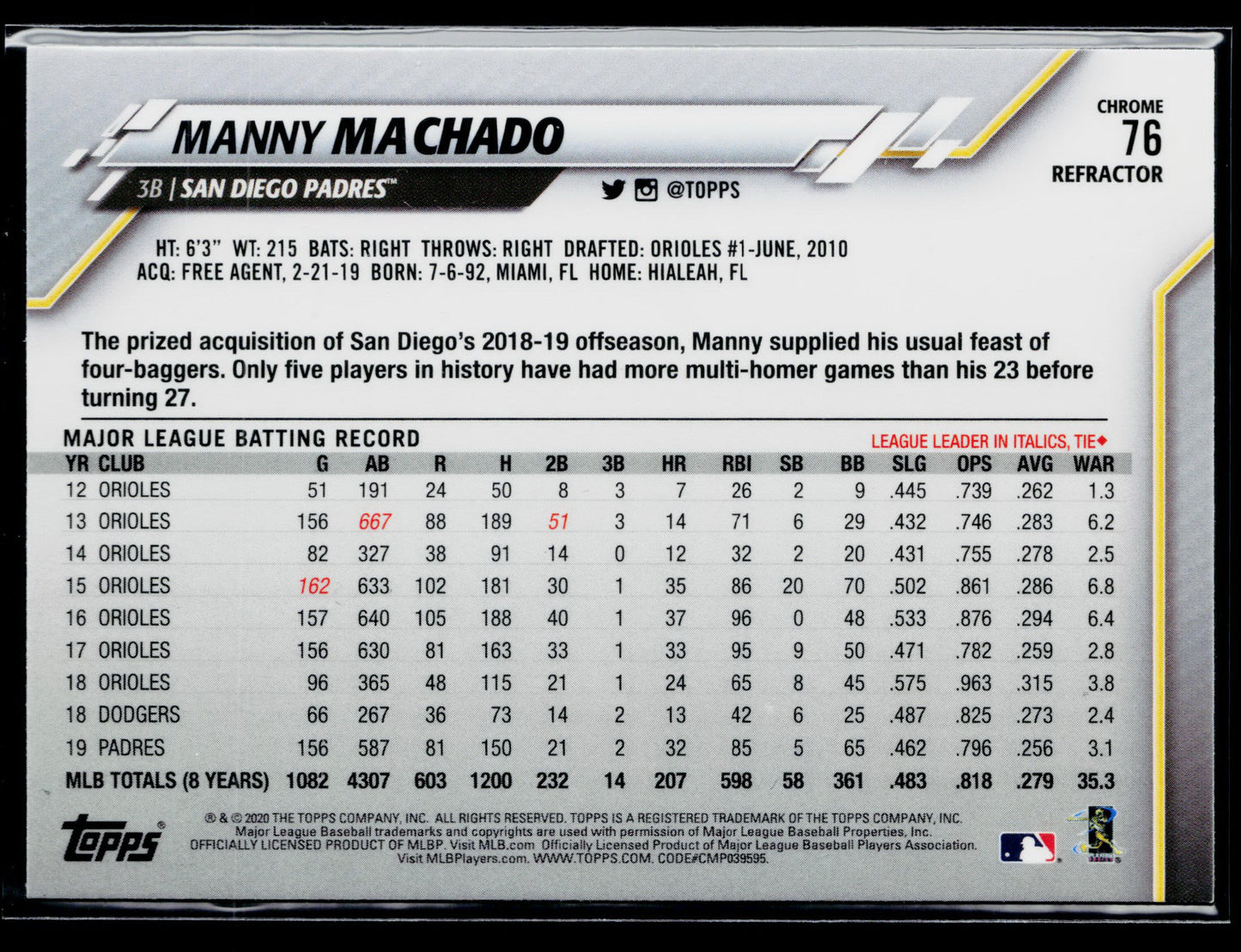 2020 Topps Chrome Manny Machado Refractor #76
