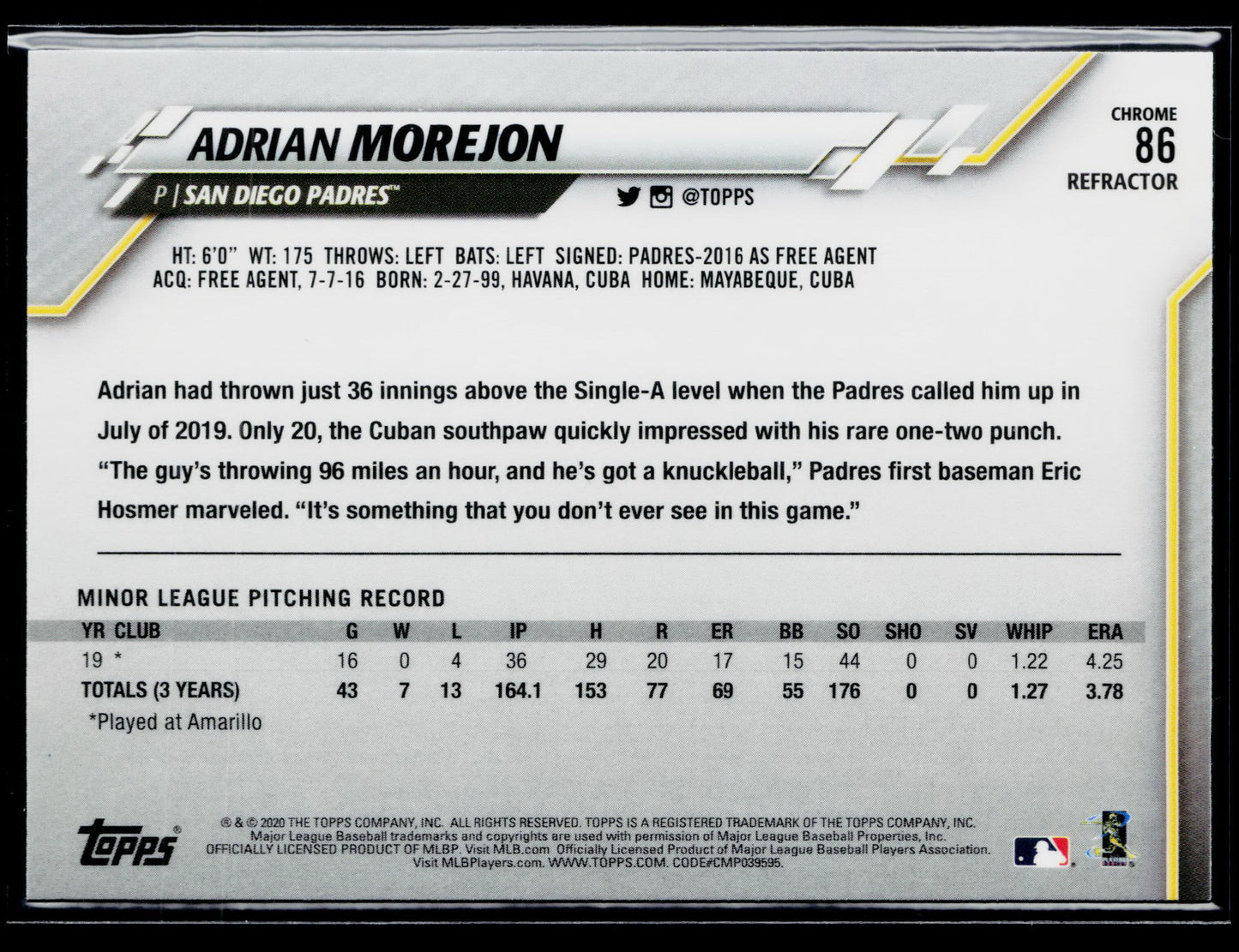 2020 Topps Chrome Adrian Morejon Rookie Sepia Refractor #86