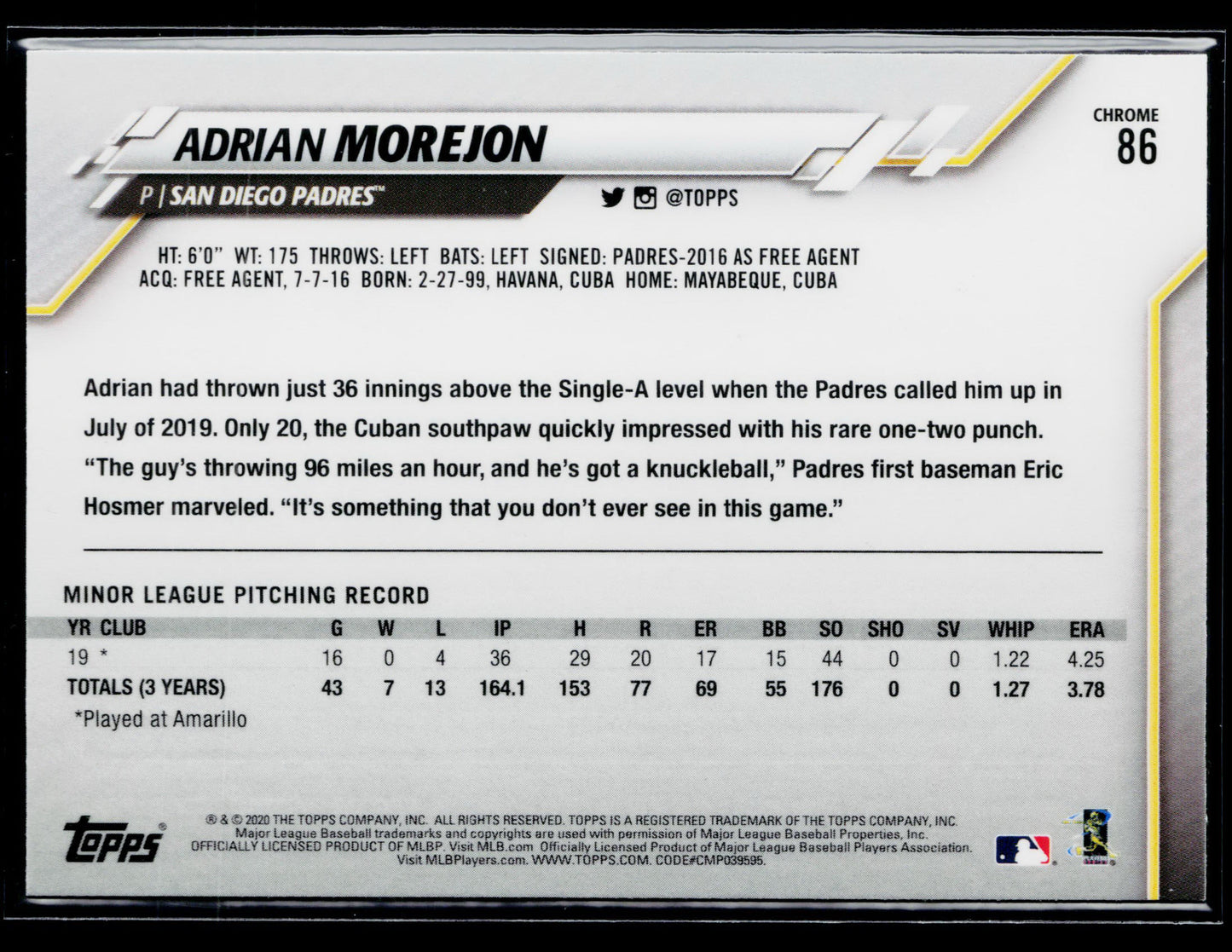2020 Topps Chrome Adrian Morejon Rookie Refractor #86