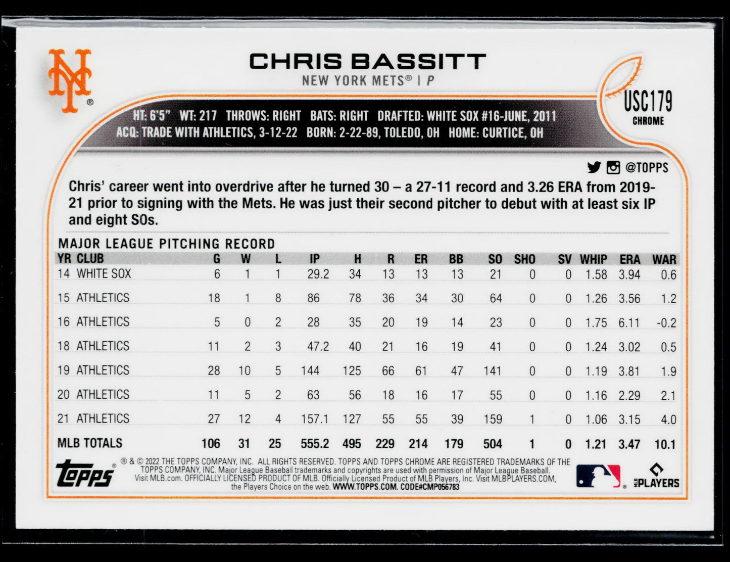 2022 Topps Chrome Update Chris Bassitt Purple #USC179