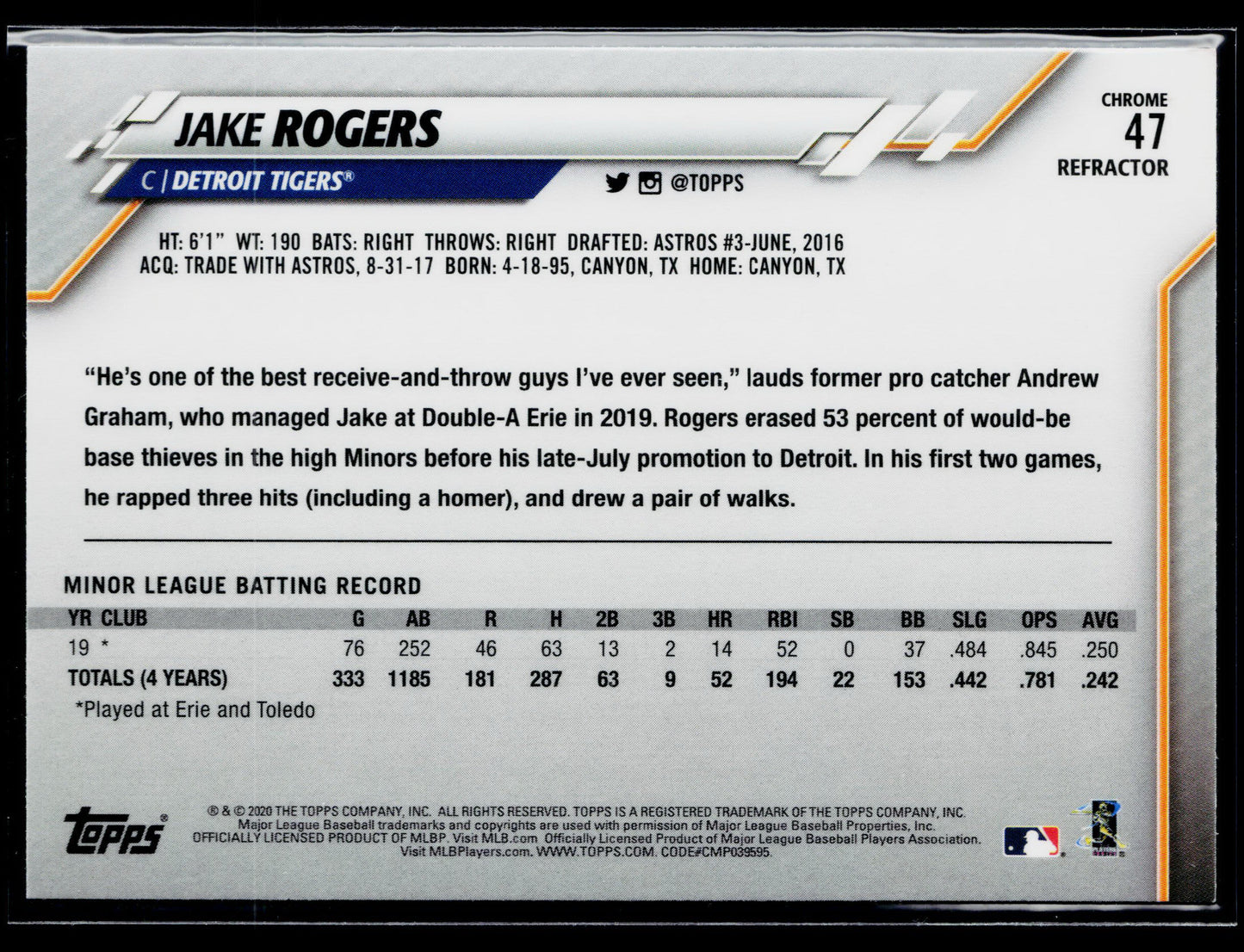 2020 Topps Chrome Jake Rogers Rookie Pink Refractor #47