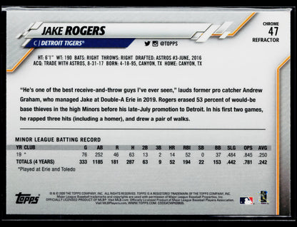 2020 Topps Chrome Jake Rogers Rookie Pink Refractor #47