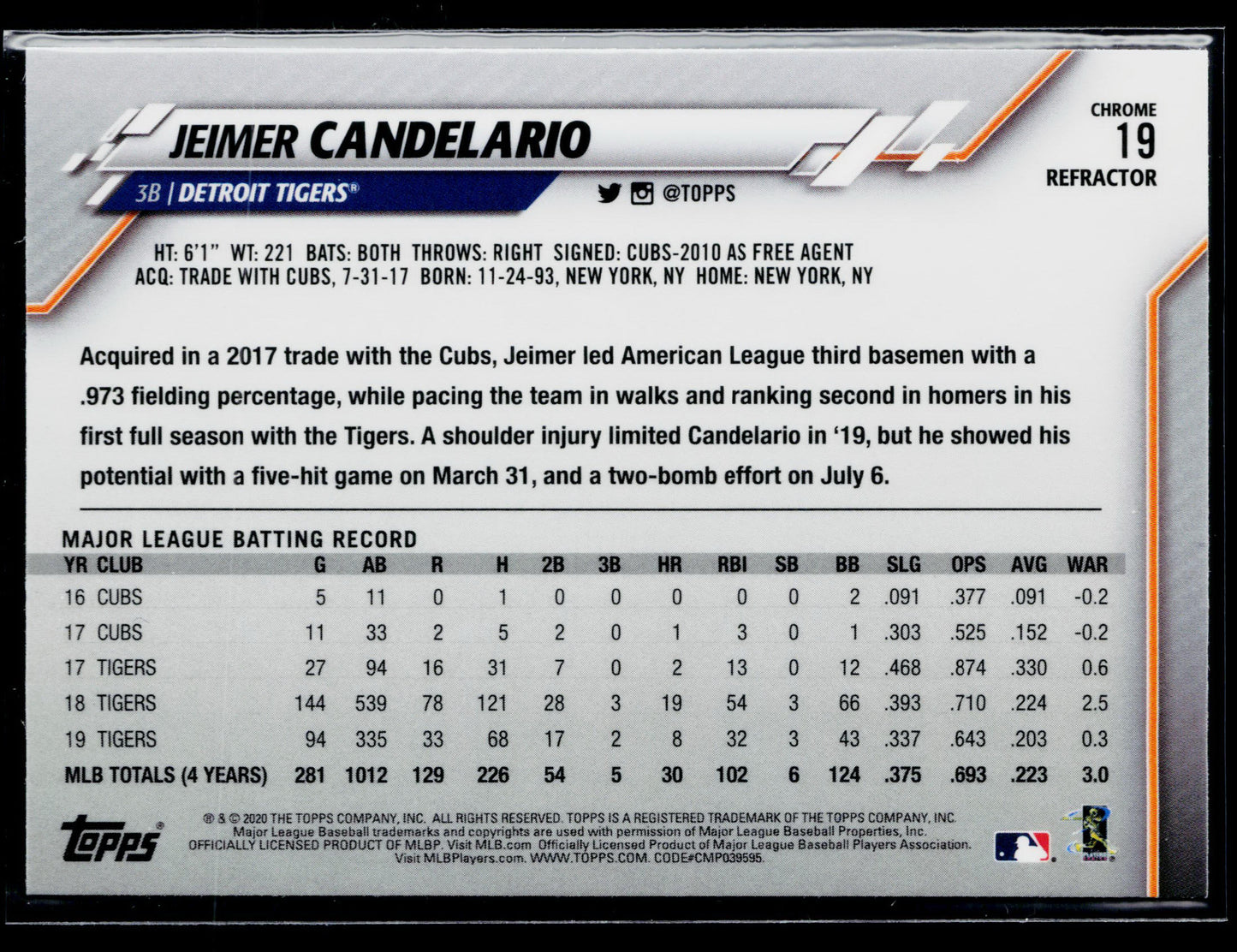 2020 Topps Chrome Jeimer Candelario Pink Refractor #19