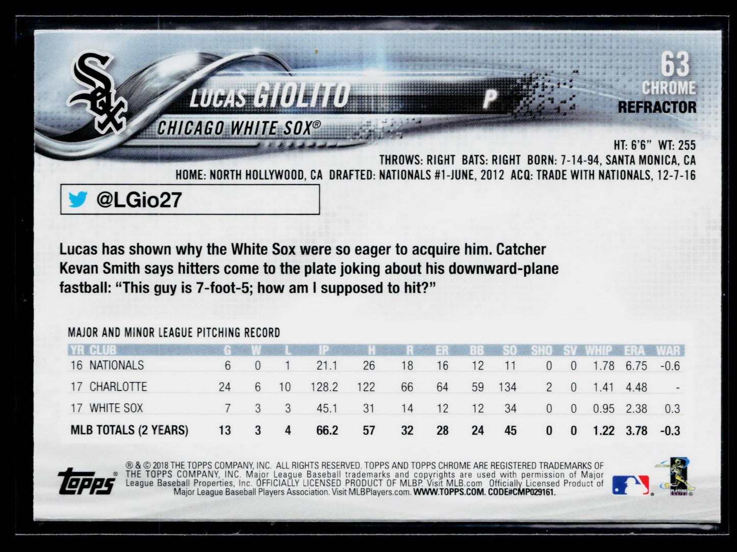 2018 Topps Chrome Lucas Giolito Pink Refractor #63