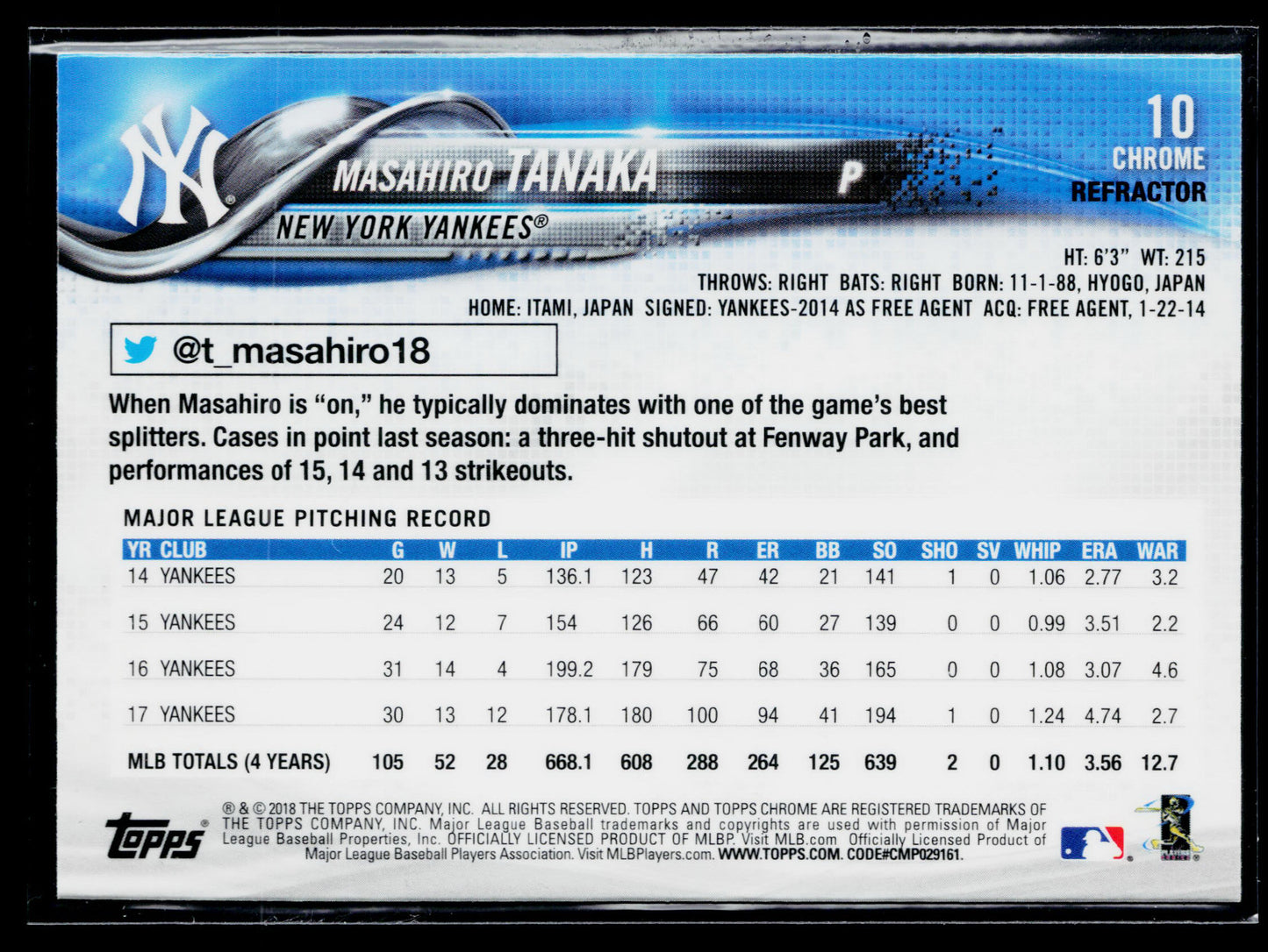 2018 Topps Chrome Masahiro Tanaka Pink Refractor #10