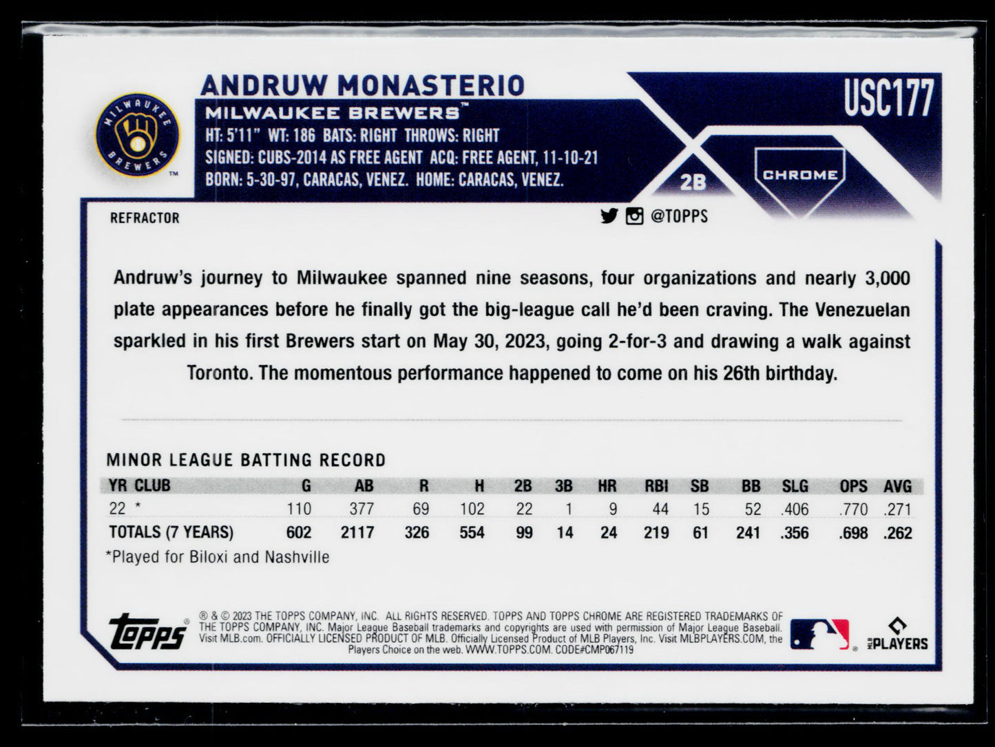 2023 Topps Chrome Update Andruw Monasterio Rookie Refractor #USC177