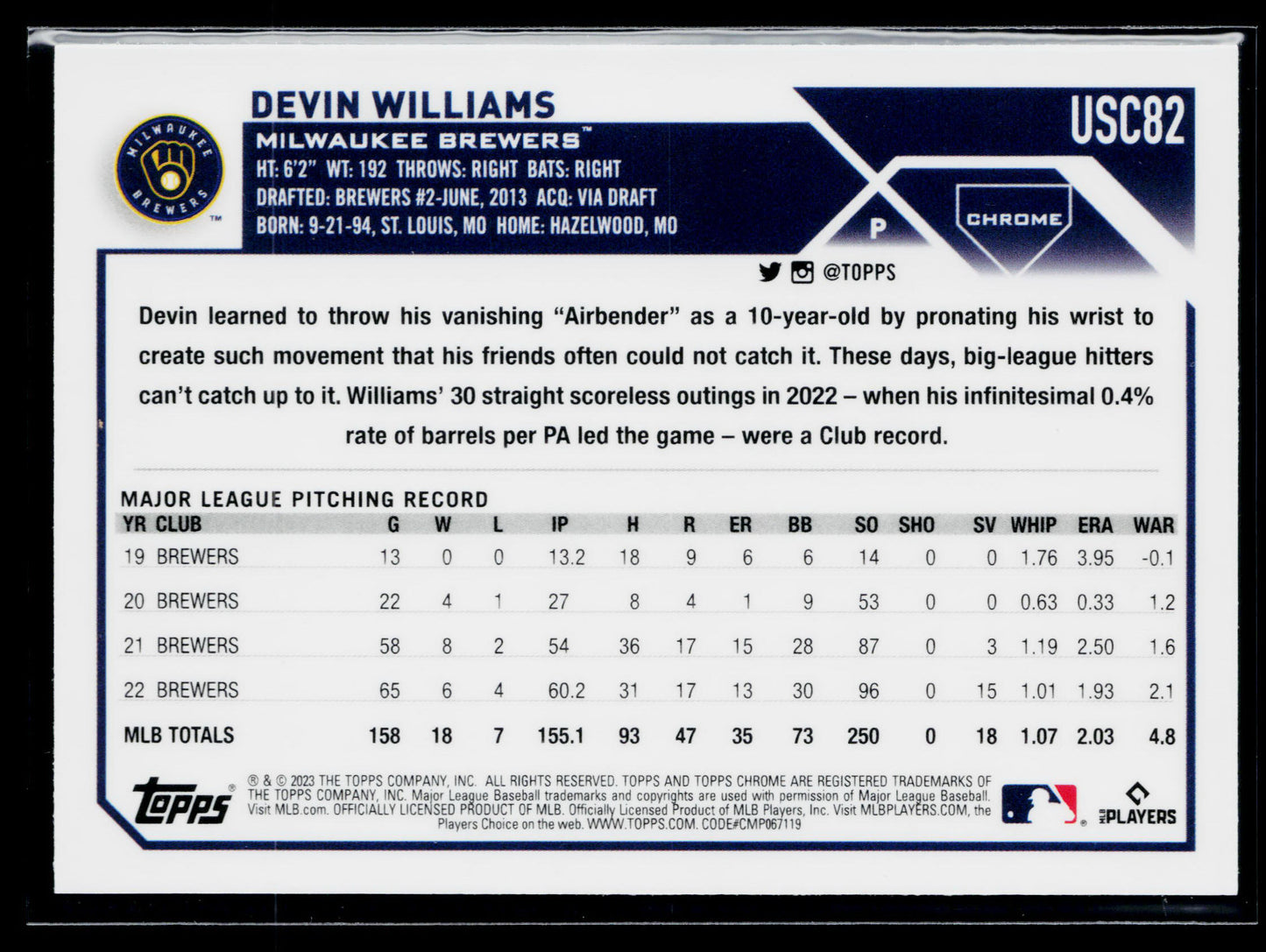2023 Topps Chrome Update Devin Williams Sepia #USC82