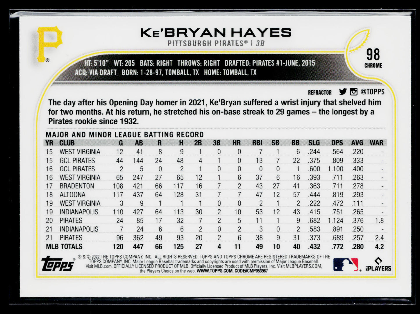 2022 Topps Chrome Ke'Bryan Hayes Refractor #98