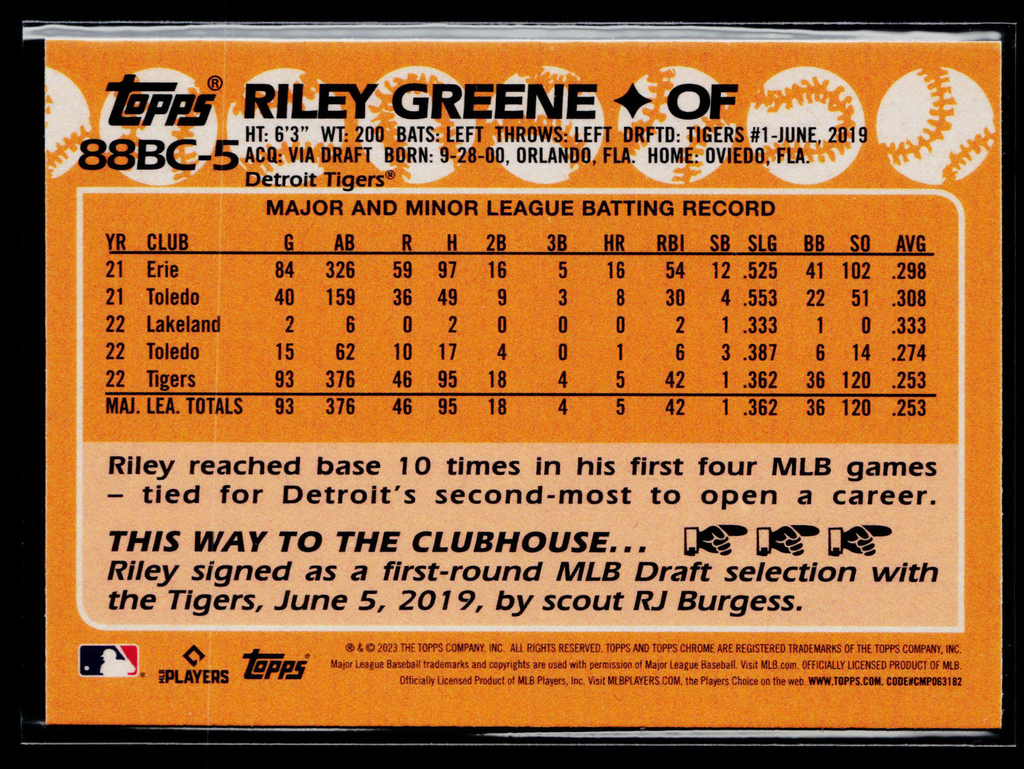 2023 Topps Chrome Riley Greene 1988 Topps Baseball 35th Anniversary #88BC-5