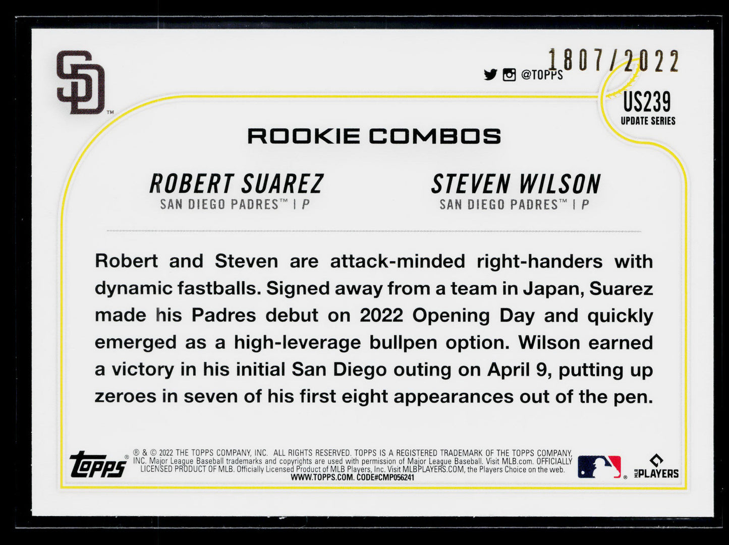 2022 Topps Update Robert Suarez / Steven Wilson RCOM, Gold #/2022 #US239