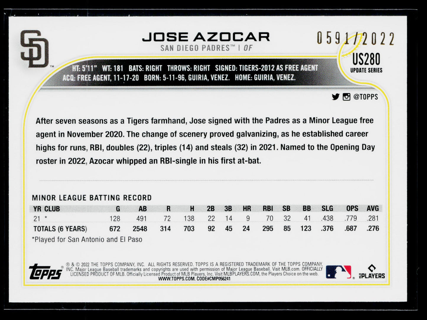 2022 Topps Update Jose Azocar Gold #/2022 #US280