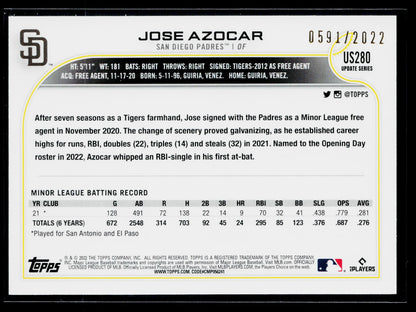 2022 Topps Update Jose Azocar Gold #/2022 #US280