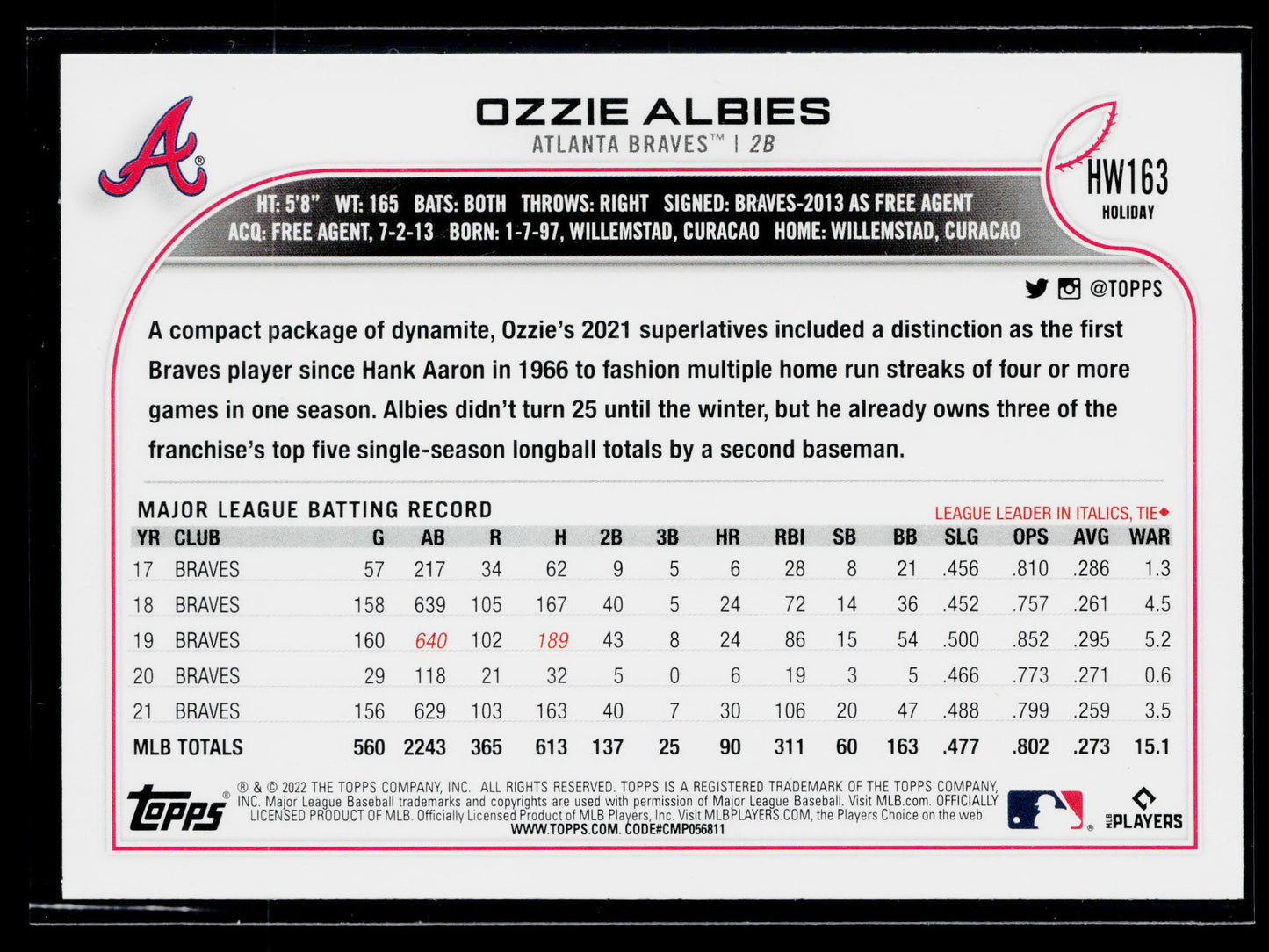 2022 Topps Holiday Ozzie Albies #HW163
