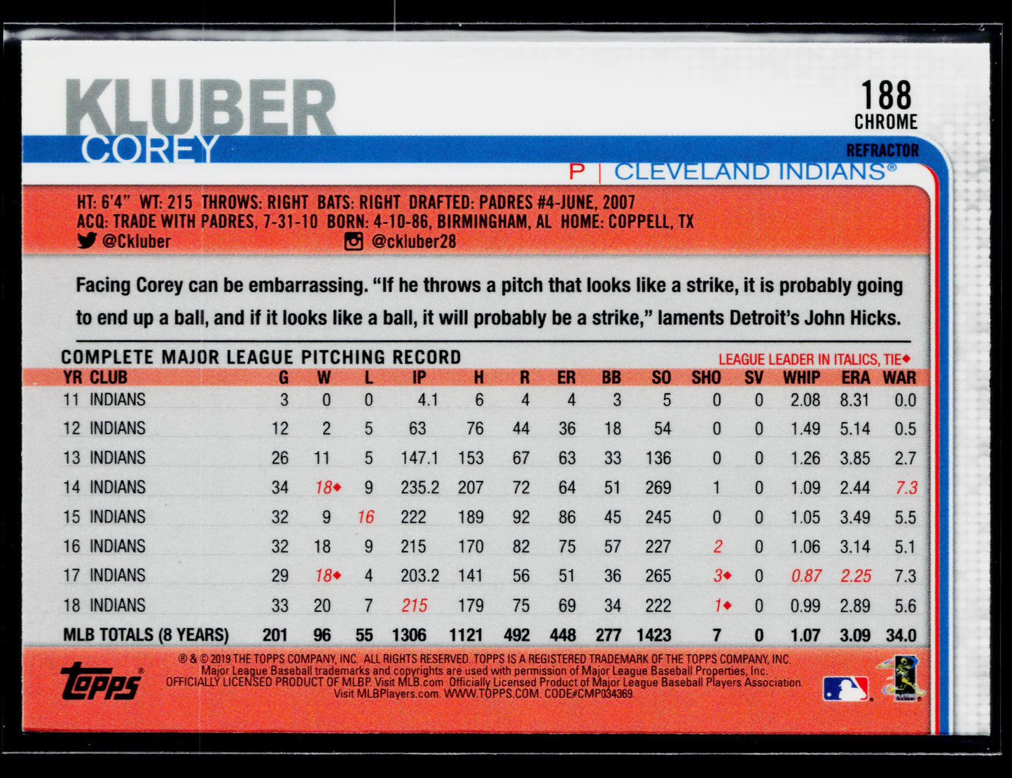 2019 Topps Chrome Corey Kluber Pink Refractor #188