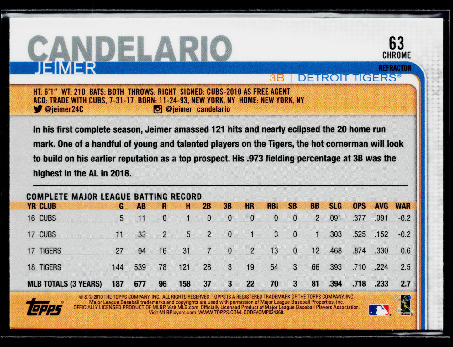 2019 Topps Chrome Jeimer Candelario Pink Refractor #63