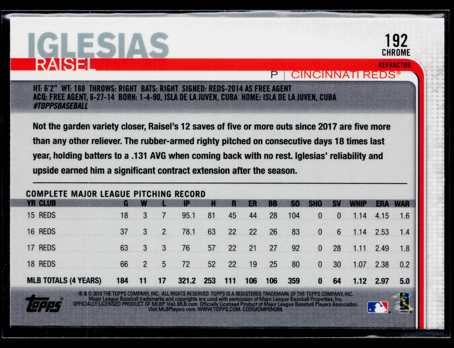 2019 Topps Chrome Raisel Iglesias Pink Refractor #192
