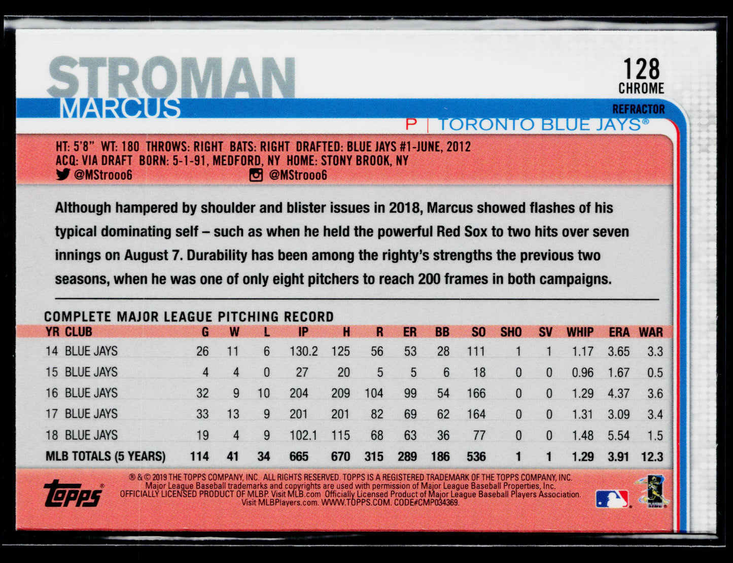 2019 Topps Chrome Marcus Stroman Pink Refractor #128