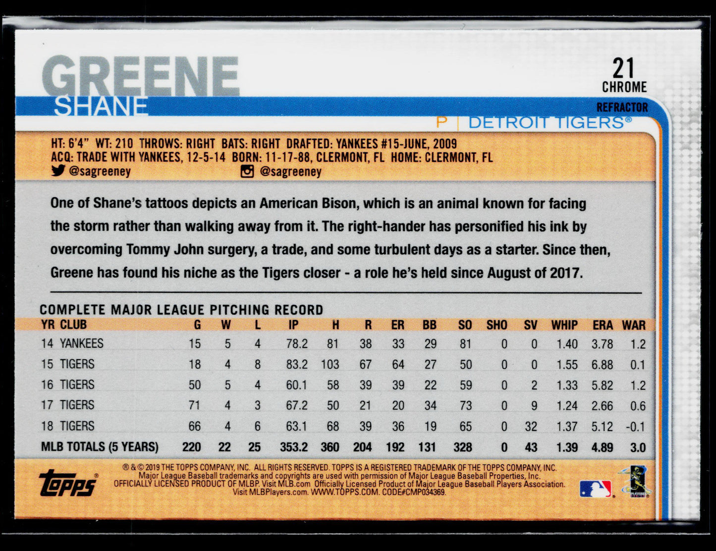 2019 Topps Chrome Shane Greene Pink Refractor #21