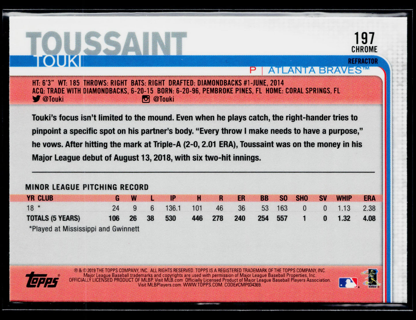 2019 Topps Chrome Touki Toussaint Rookie Pink Refractor #197