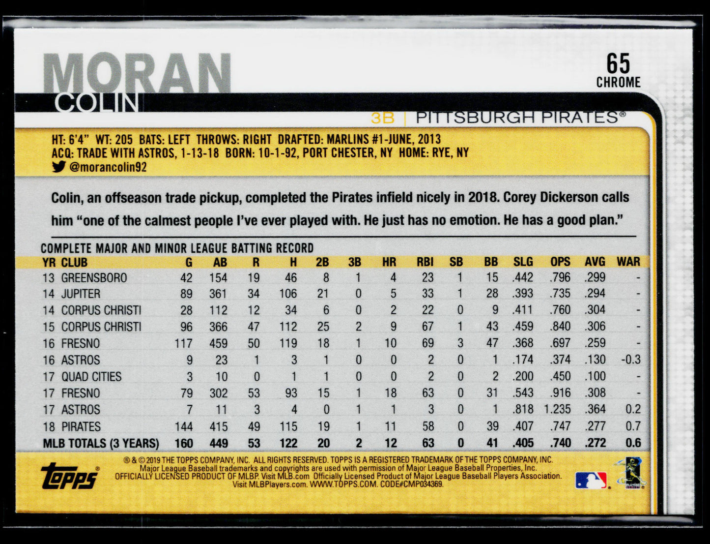 2019 Topps Chrome Colin Moran Refractor #65